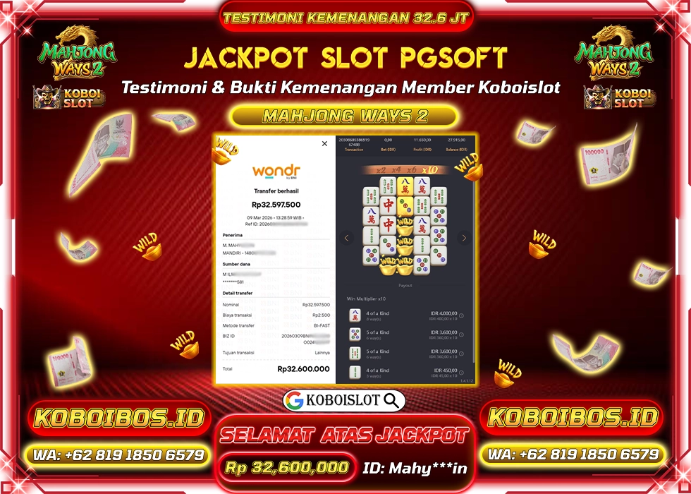 BUKTI KEMENANGAN Mahy***in SLOT GACOR MAHJONG WAYS 2 Rp32.600.000,- LUNAS